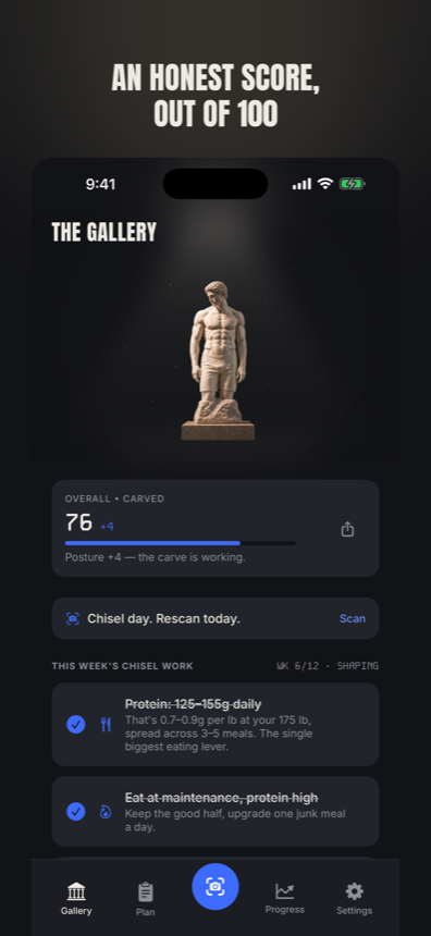 Statue home screen showing a score of 76 and the carved statue