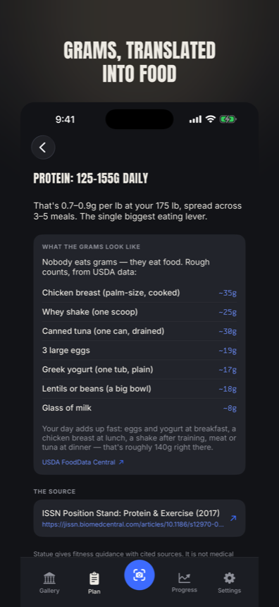 A protein guide translating gram targets into everyday food portions